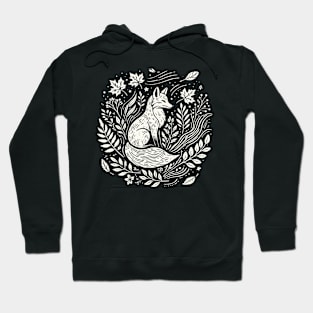 Cottagecore Woodland Fox with Botanical Elements in Monochrome Hoodie
